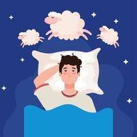 insomnio, hombre, cama, con, almohada, y, ovejas, vector, diseño vector