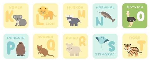 Cute K T alphabet cards with cartoon savannah African animals Vector zoo illustrations