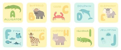 Cute A J alphabet cards with cartoon rainforest jungle African animals Vector zoo illustrations