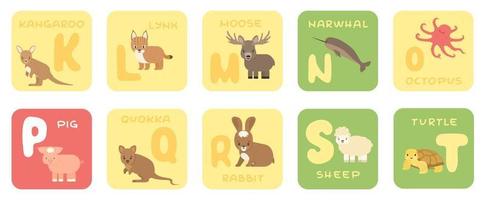 Cute vector K T zoo alphabet isolated education cards with cartoon animals Kangaroo lynx moose narwhal octopus pig quokka rabbit sheep turtle in flat style