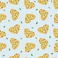 Seamless repeat pattern of Yellow Heart shaped pizza with cheese and basil Blue background vector