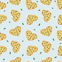 Seamless repeat pattern of Yellow Heart shaped pizza with cheese and basil Blue background vector