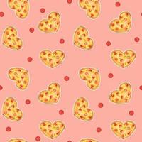 Seamless repeat pattern of Heart shaped pizza with sausage and cheese on pink background vector