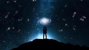La silueta de la pareja de pie en una montaña nocturna con un cielo estrellado y una galaxia giratoria en el espacio profundo de fondo 3d