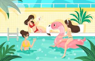 Young Girls Relaxing in Summer Pool vector