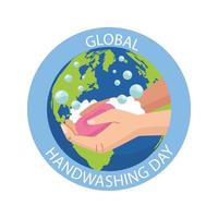 global handwashing day campaign with hands and soap bar in earth planet stamp vector