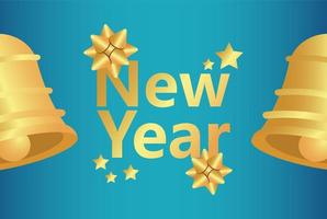 tarjeta de año nuevo con letras doradas con campanas y lazos vector