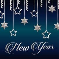 Feliz año nuevo tarjeta de letras con estrellas plateadas colgando vector