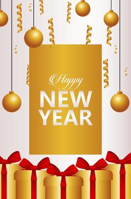 happy new year lettering card with golden balls and gifts