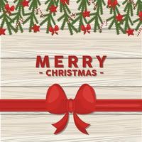 happy merry christmas lettering card with bow and leafs in wooden backgroud vector