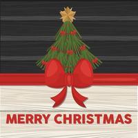 happy merry christmas lettering card with pine tree in wooden background vector