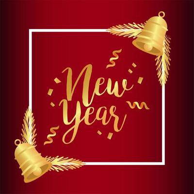 new year golden lettering card with bells in square frame