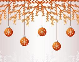 happy merry christmas golden firs and balls hanging vector