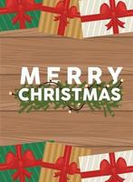 Feliz Navidad tarjeta de letras con regalos y hojas de fondo de madera vector
