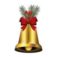 happy merry christmas golden bell with ribbon and leafs vector