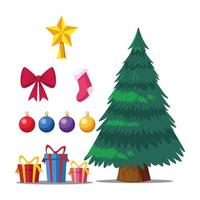 happy merry christmas pine tree and set icons vector