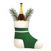 happy merry christmas sock with leafs and champagne vector