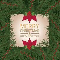 happy merry christmas lettering card with flowers and leafs frame vector