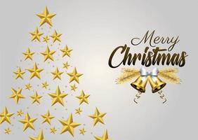 happy merry christmas golden lettering with pine tree of stars vector