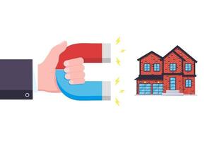 Asimiento de la mano rojo y azul icono de imán de herradura signo atraer casa concepto de bienes raíces diseño de estilo plano ilustración vectorial aislado sobre fondo blanco vector