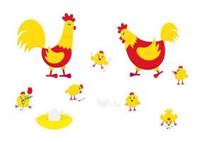 Yellow and red chicken with broken egg nest set of chicks and a rooster vector