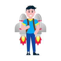 Boy flying with rocket jetpack like a super hero pilot flat style design vector illustration isolated on white background Young male person with flaming jetpack on his back