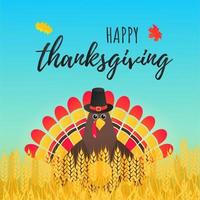 Happy thanksgiving day flat style design poster vector illustration with turkey text give the thanks and autumn maple leaf Turkey with hat and colored feathers celebrate holidays