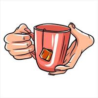 Cup with tea in hand A fragrant cup of tea for breakfast A restaurant Cartoon style vector