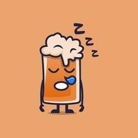 Lindo personaje de dibujos animados de cerveza durmiendo ilustración de vector de estilo plano