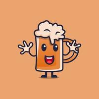 Lindo personaje de dibujos animados de cerveza con ilustración de vector de estilo plano de expresión feliz