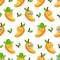 cute summer mango cartoon character with flat hand drawn style seamless pattern vector