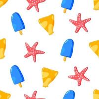 summer seamless pattern design with starfish ice cream and shells in flat hand drawn style vector