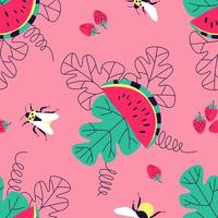 Seamless summer pattern with watermelons bees and strawberries on a pink background vector