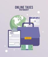Pago de impuestos en línea con documentos y cartera en el planeta tierra. vector