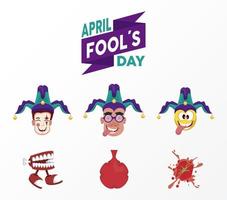 april fools day lettering with six icons vector