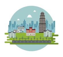 city life megalopolis cityscape scene with buildings and police station vector