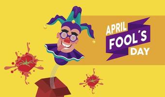 april fools day lettering with man laughing and popped tomatoes vector