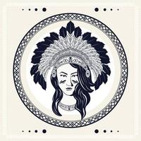 native american woman with feathers crown in circular frame tribal style vector