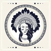 Mujer nativa americana con corona de plumas en estilo tribal marco circular vector