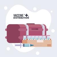 tema de logística de distribución de vacunas con congelador y viales en caja vector