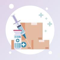 vaccine distribution logistics theme with vial and syringe in boxes carton vector