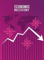 economic recovery for covid19 poster with virus particles and arrow down in earth maps vector