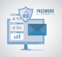 password manager theme with padlock in shield and desktop vector