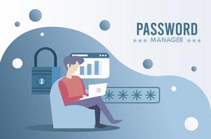 password manager theme with man using laptop and padlock vector