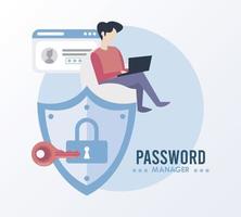 password manager theme with man using laptop and padlock in shield vector