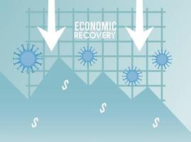 economic recovery for covid19 poster with arrows down and virus particles vector