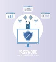password manager theme with check symbol in shield and padlock in desktop vector