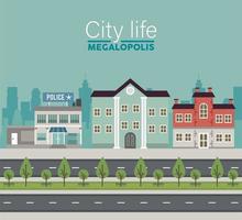 city life megalopolis lettering in cityscape scene with police station and buildings vector