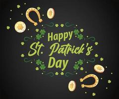happy saint patricks day lettering with horseshoes and coins vector