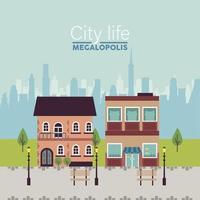 city life megalopolis lettering in cityscape scene with benches and lamps vector